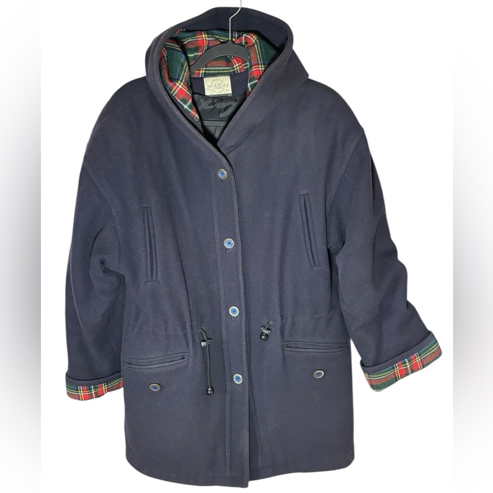 Vintage 100% Virgin Wool 80s Sequence Hooded Coat Navy Plaid Lined Large Fall
